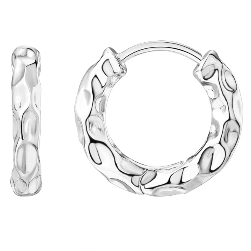 14K White Gold Plated Huggie Hoop Sterling Silver Post Hammered Earrings